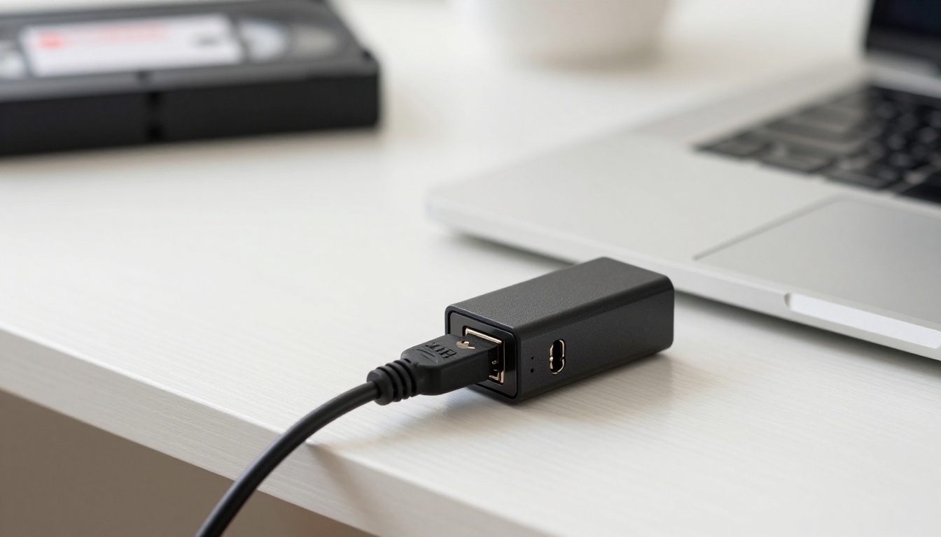 USB video capture card connected to a laptop on a clean desk with a VHS tape visible in the background