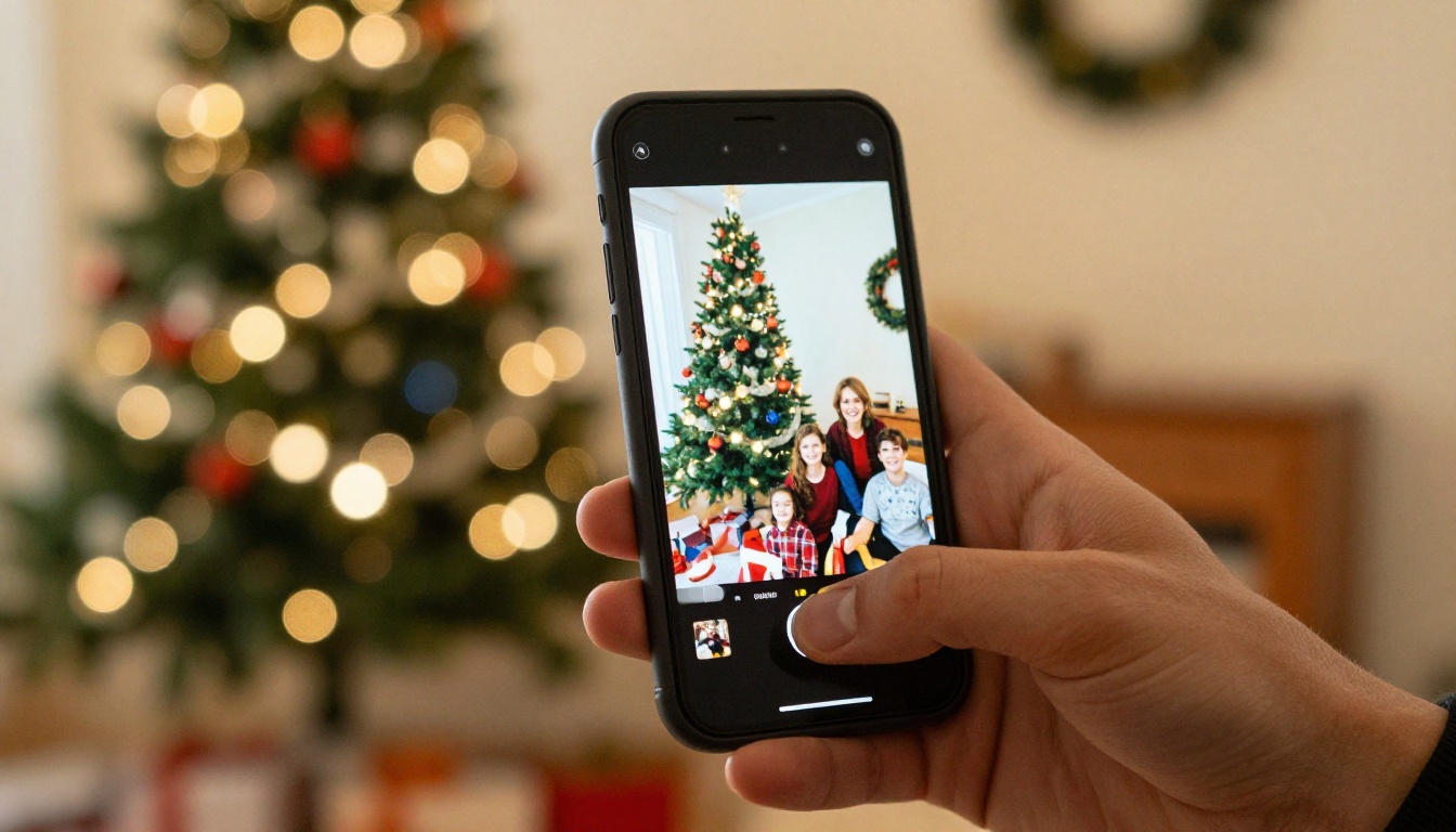 Person holding a smartphone showing a sharply restored 1990s family Christmas photograph with vivid warm colors