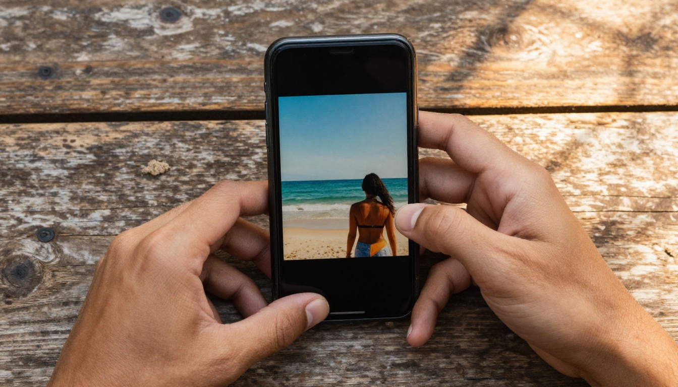 Hands selecting a photobomber on a smartphone screen outdoors