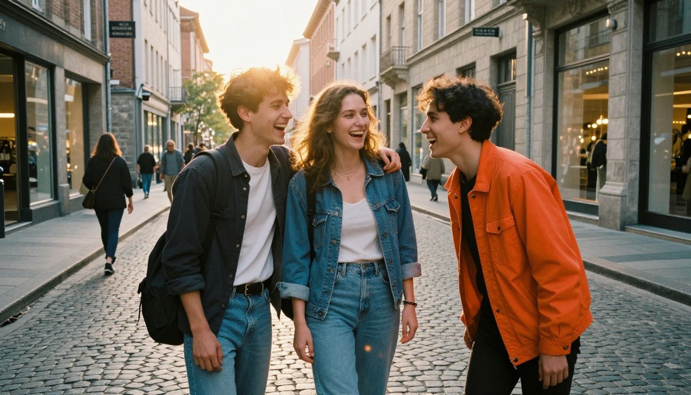 Three friends posing on a city street with a stranger photobombing in background