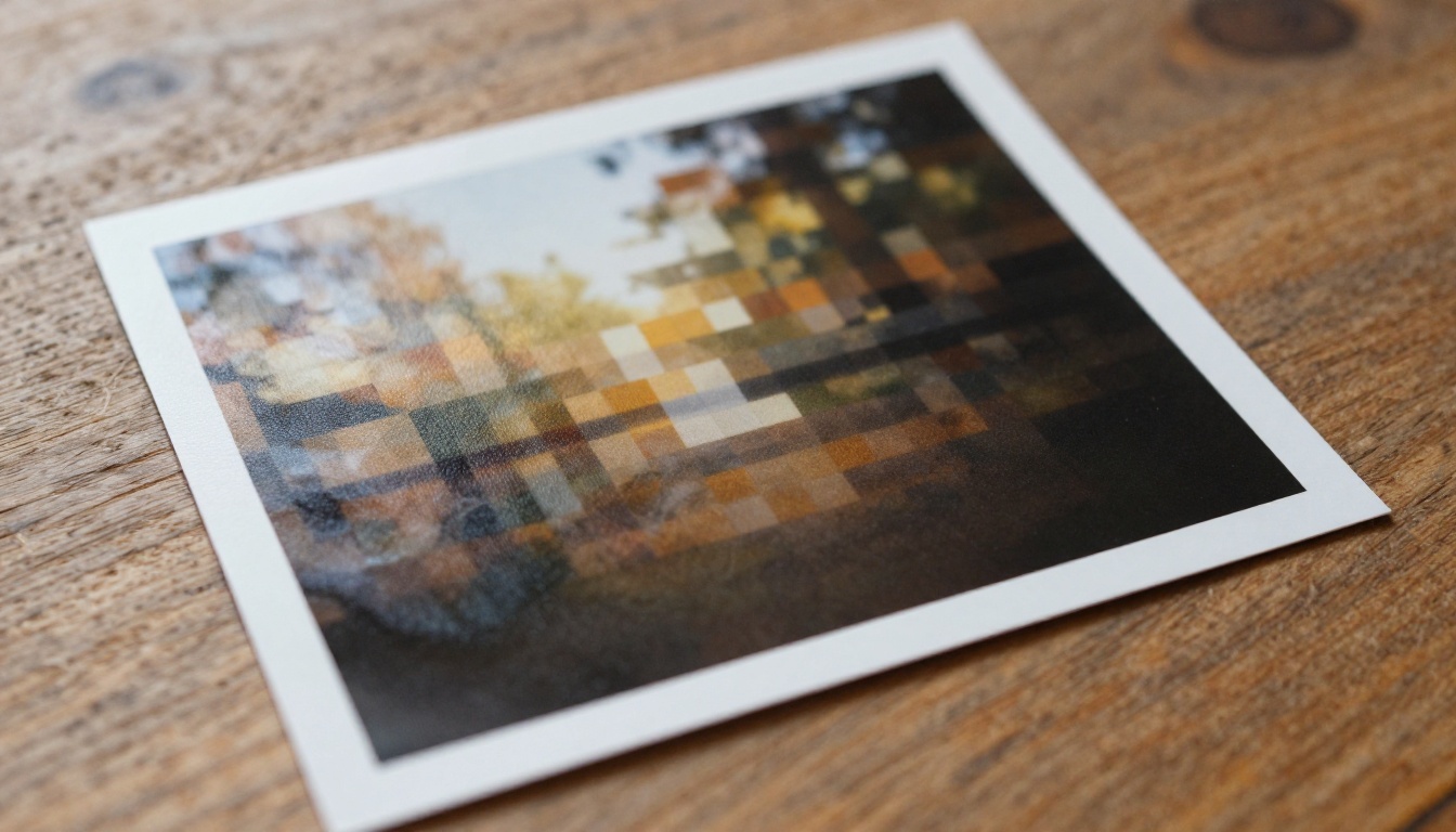 Blurry pixelated photo lying on wooden table under natural window light