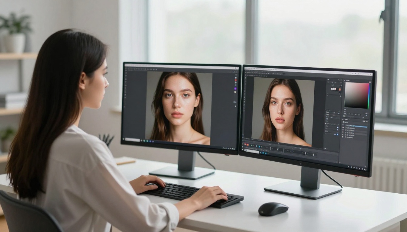 Woman at desk reviewing high-resolution portrait on dual monitors