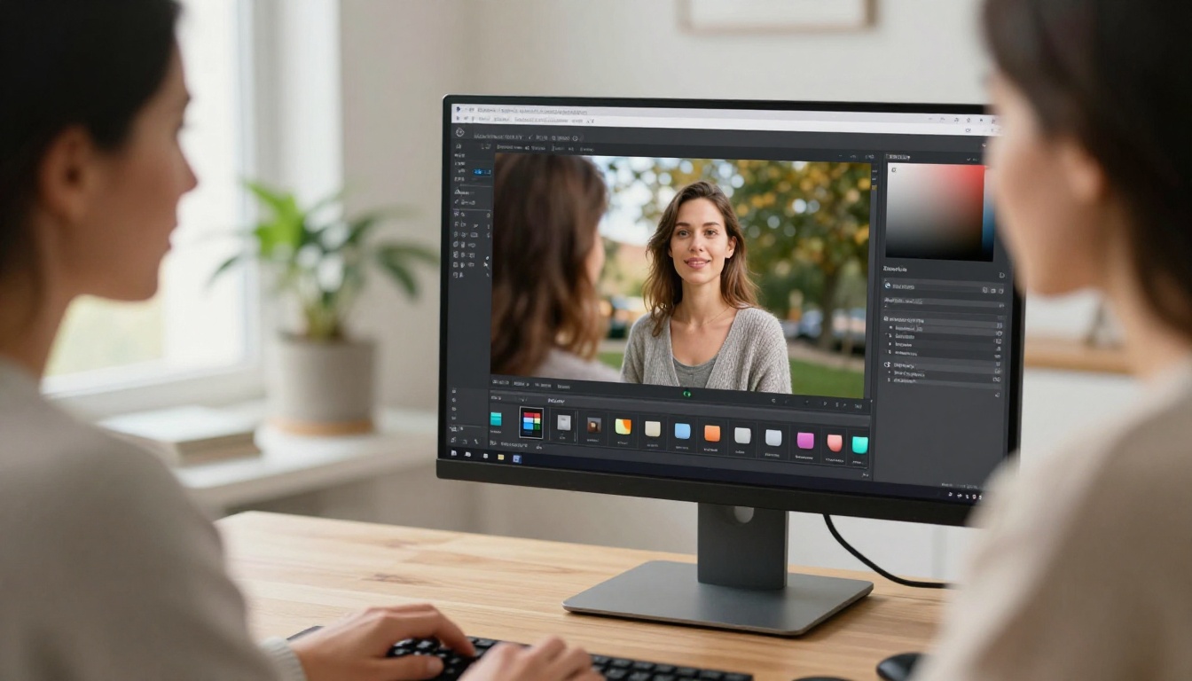 Woman working at home office editing photos with before-and-after comparison on screen