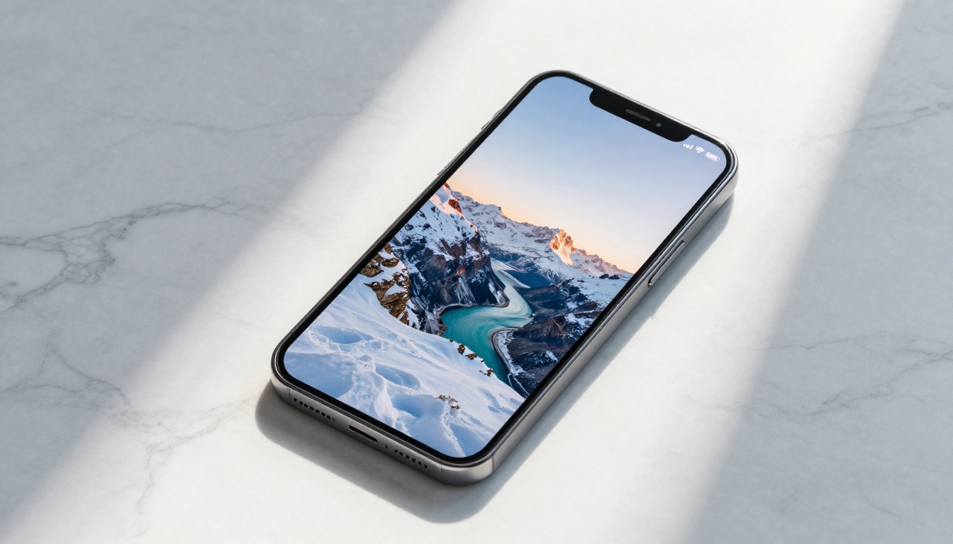 Smartphone on white marble showing crisp 4K landscape photo overhead view