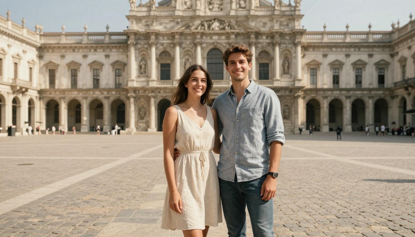 Couple at a European landmark with a clean, perfectly composed background