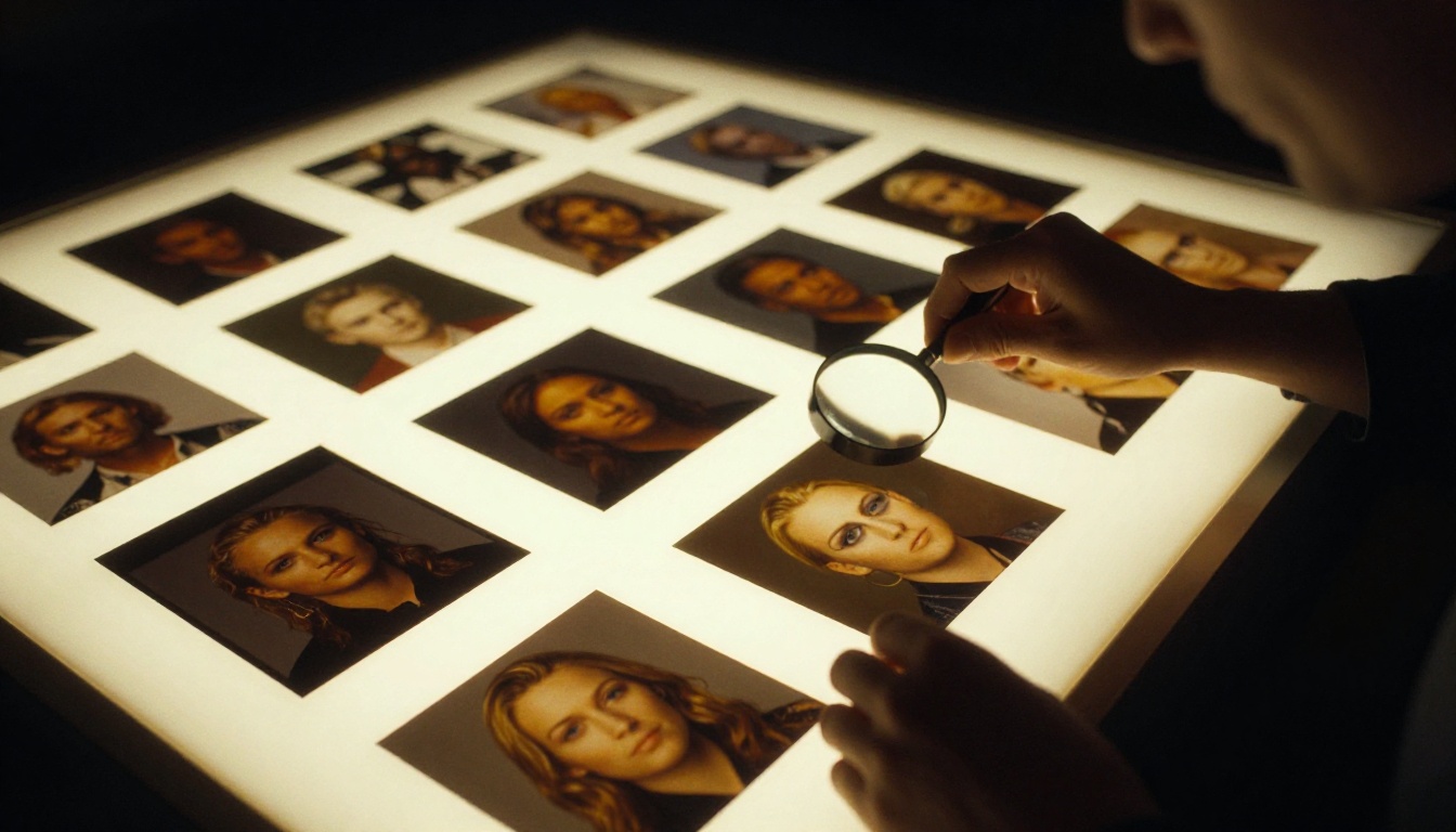 Contact sheets on light table with hands picking up a loupe magnifier
