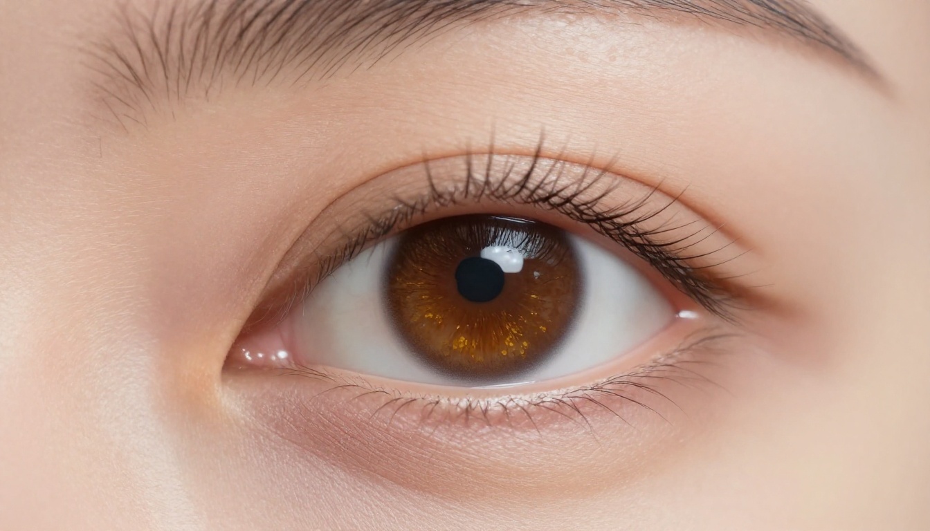 Close-up macro of woman's eye with photorealistic skin texture and sharp eyelashes