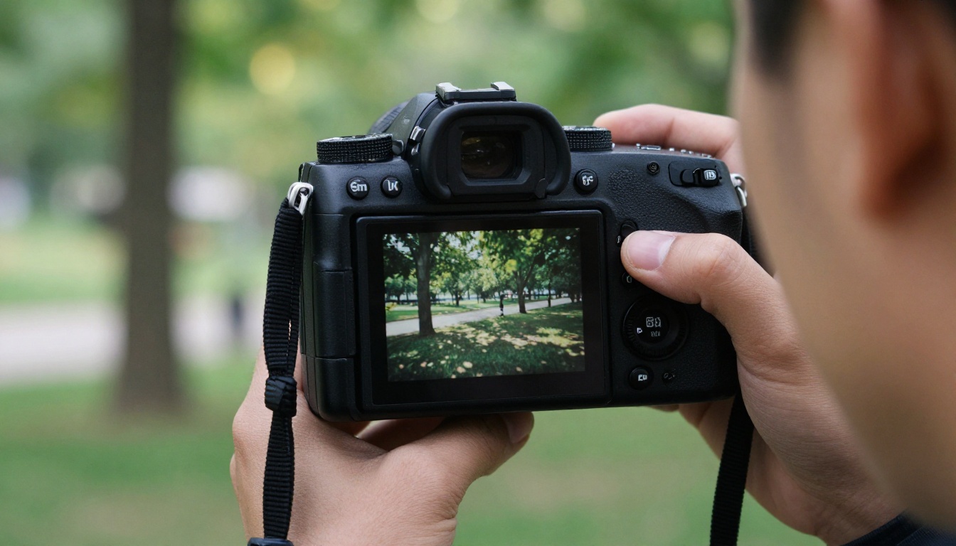 Photographer reviewing photos on camera LCD screen in a park