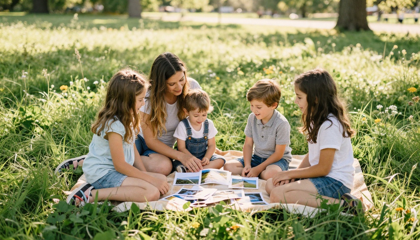 Family looking at vacation photos together on a picnic blanket in the park