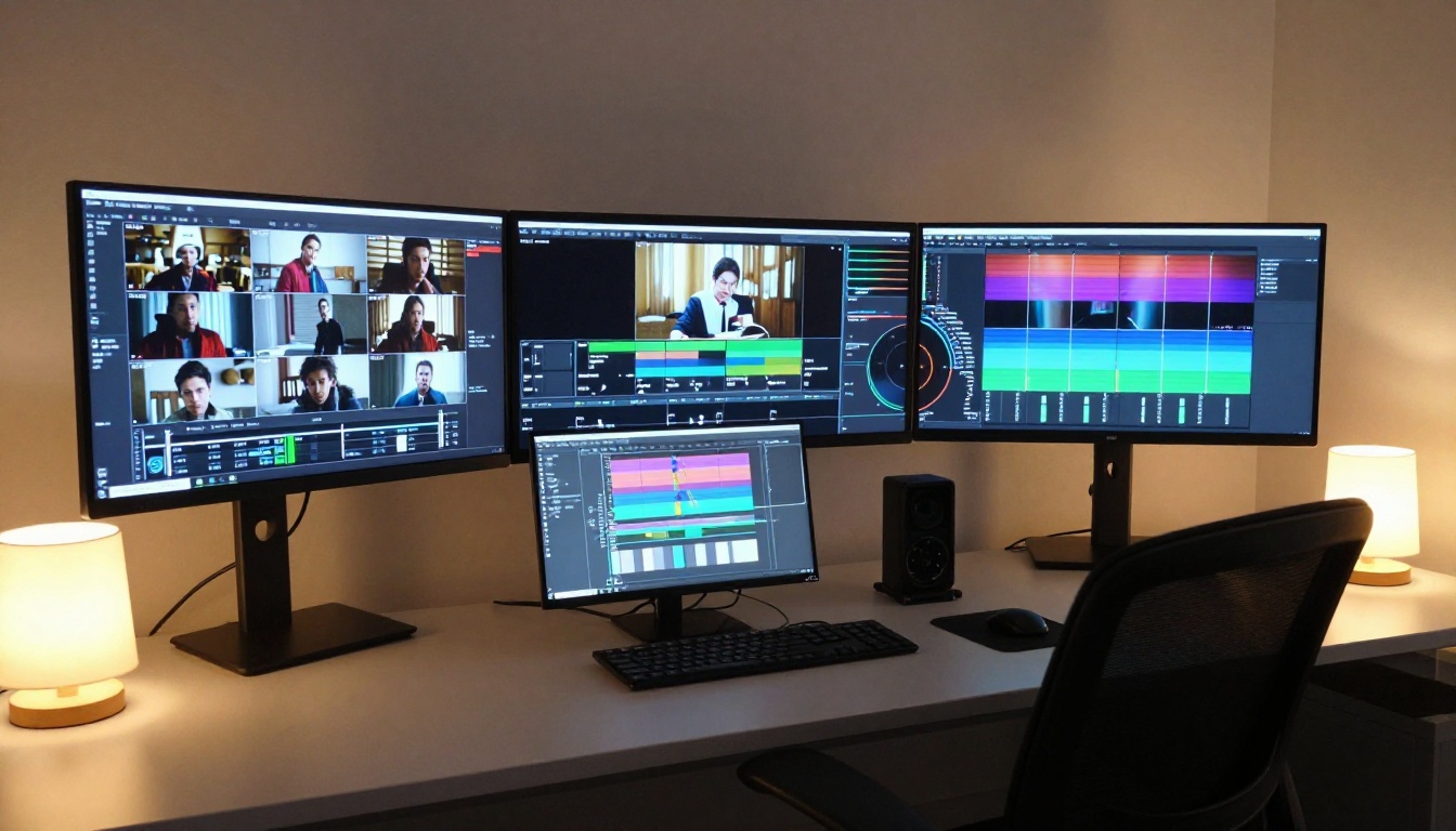 Professional video editing suite with colorist at workstation and calibrated monitors