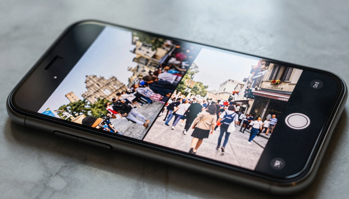 Macro close-up of smartphone showing before-and-after photo editing split screen