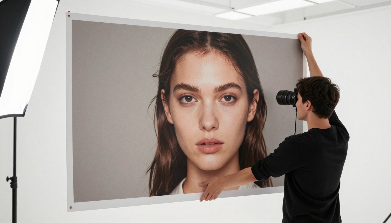 Fashion photographer reviewing large detailed print in minimalist white studio