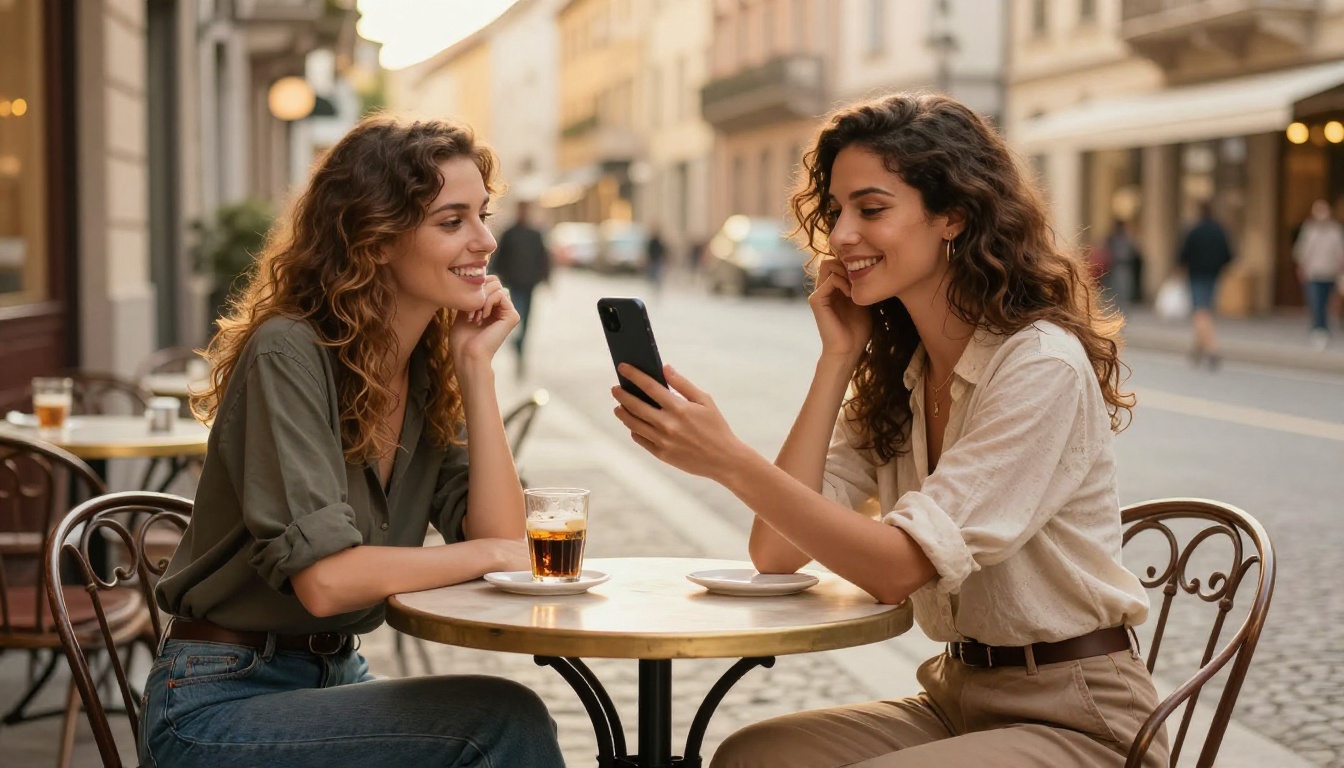 Two women at a cafe terrace sharing a phone showing a beautiful clean photo