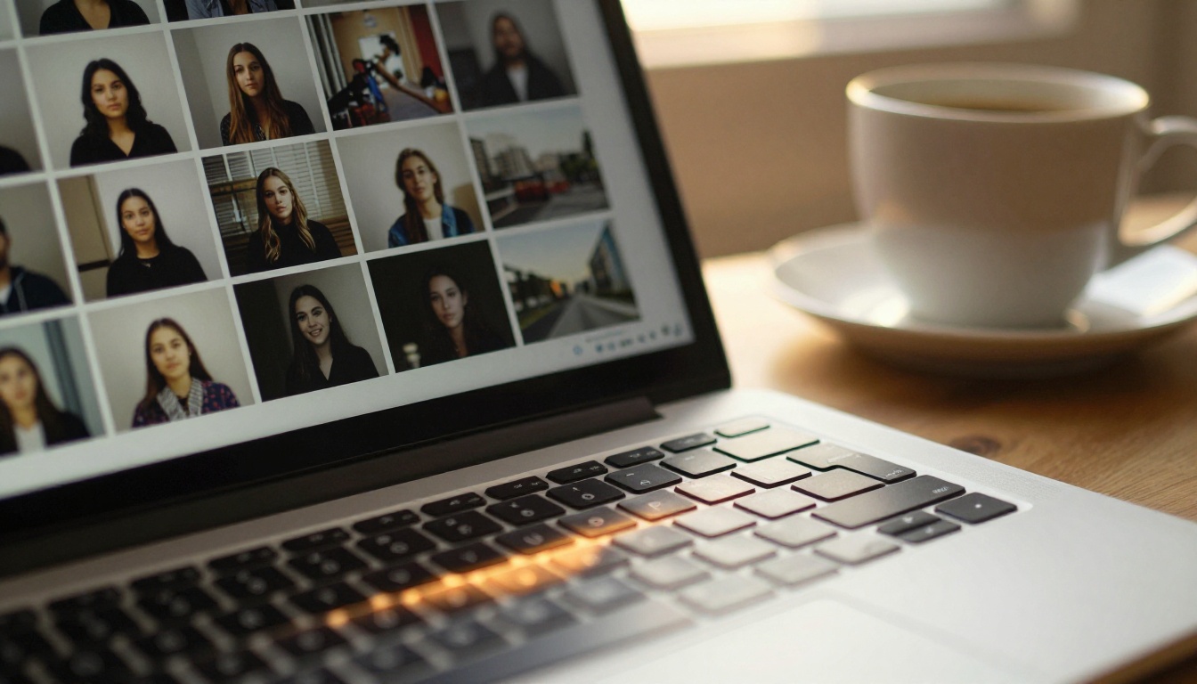 Laptop screen showing grid of portrait thumbnails some sharp some blurry in morning light