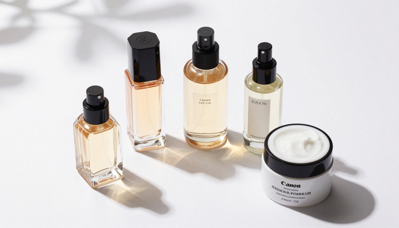 Overhead flat lay of five luxury cosmetic products on a white surface with professional studio lighting