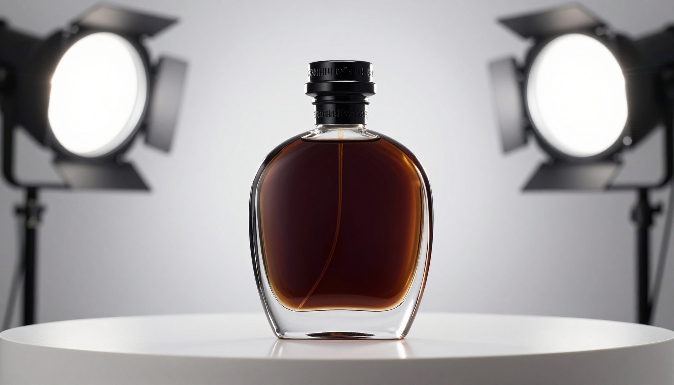 Side-angle studio shot of a dark glass cologne bottle on white acrylic surface with perfect bilateral lighting and caustic reflections