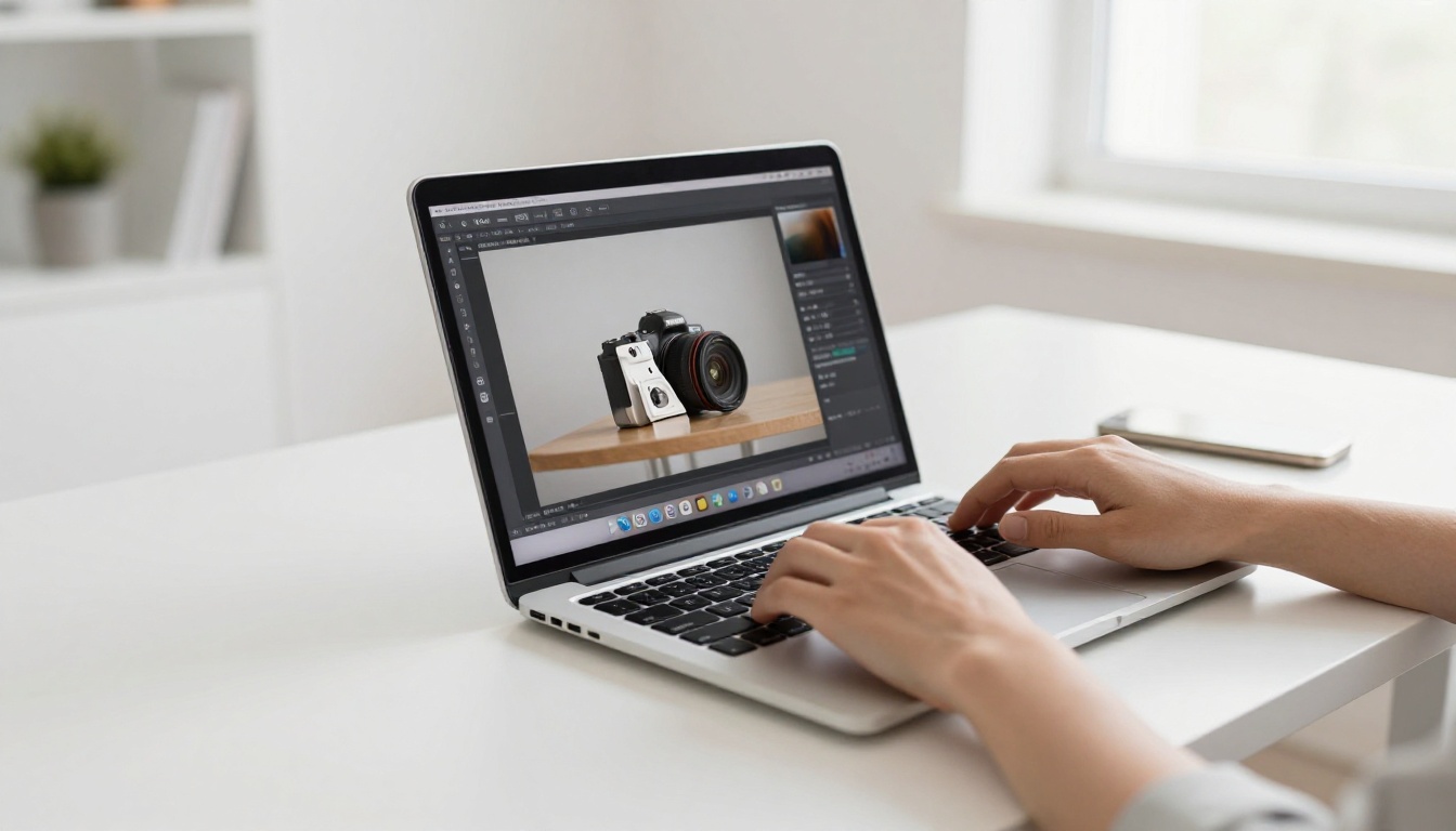Person using AI image editing software on a laptop to process product photos for e-commerce