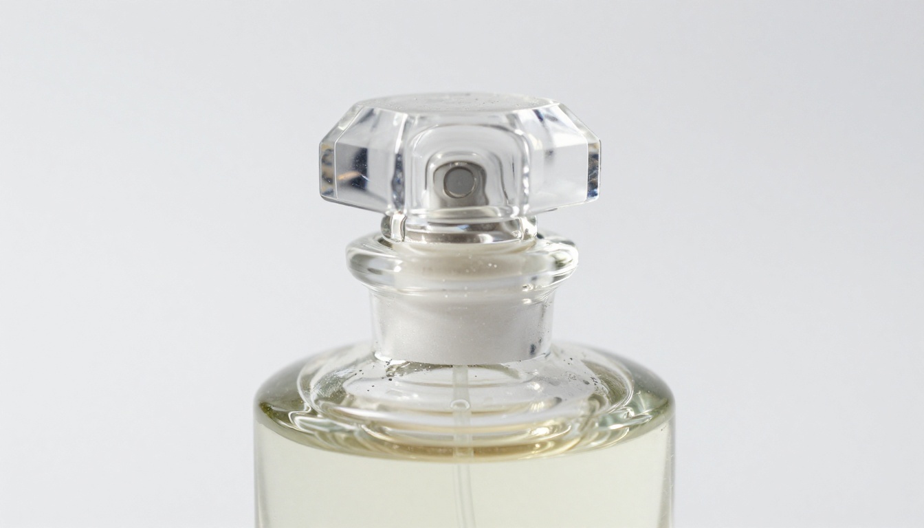 Macro close-up of a glass perfume bottle isolated on white, showing crystalline glass facets and internal liquid detail