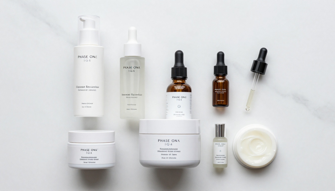 Skincare product collection flat lay on white marble surface, commercial catalog photography style