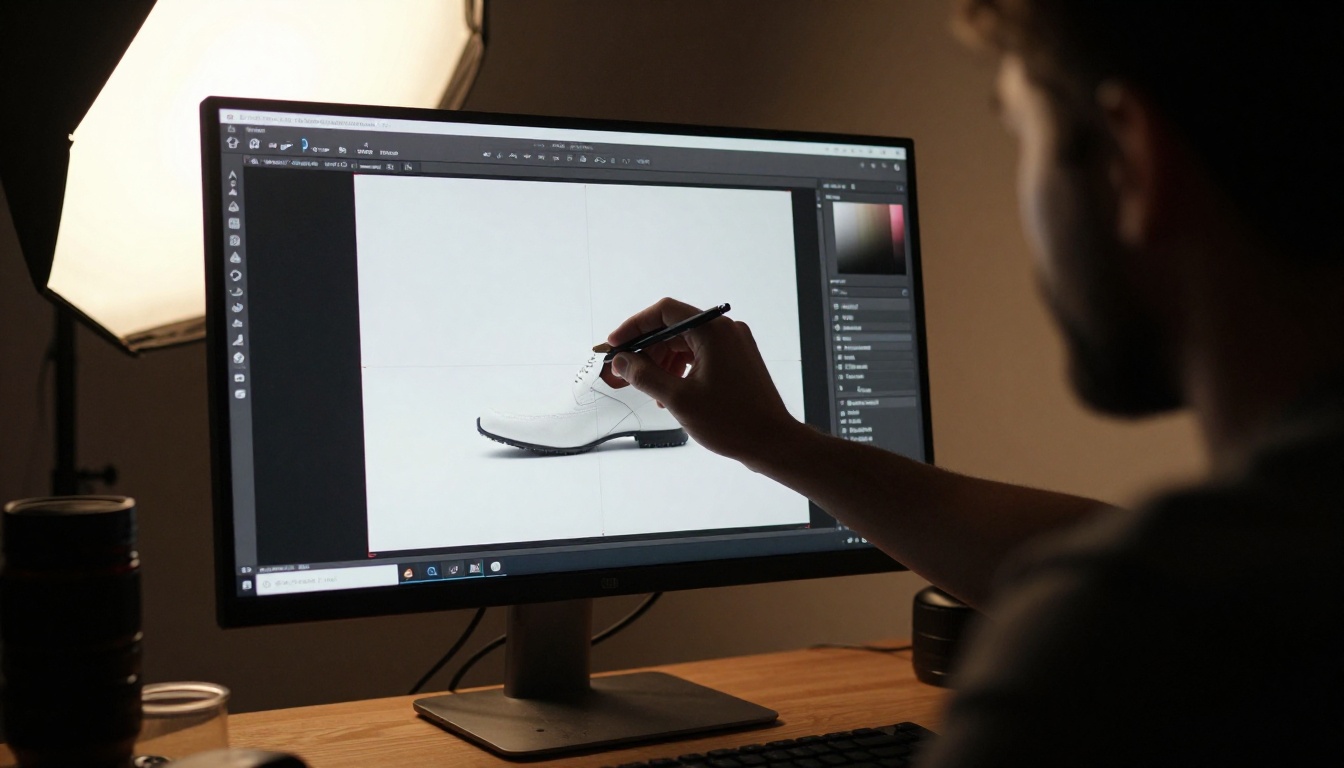 Professional photographer using AI background removal software on a large studio monitor
