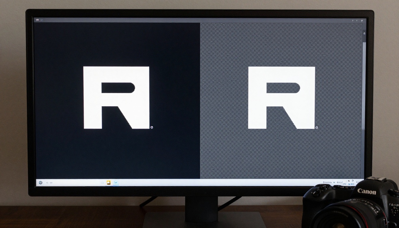 Logo on transparent vs. white background comparison visible on monitor