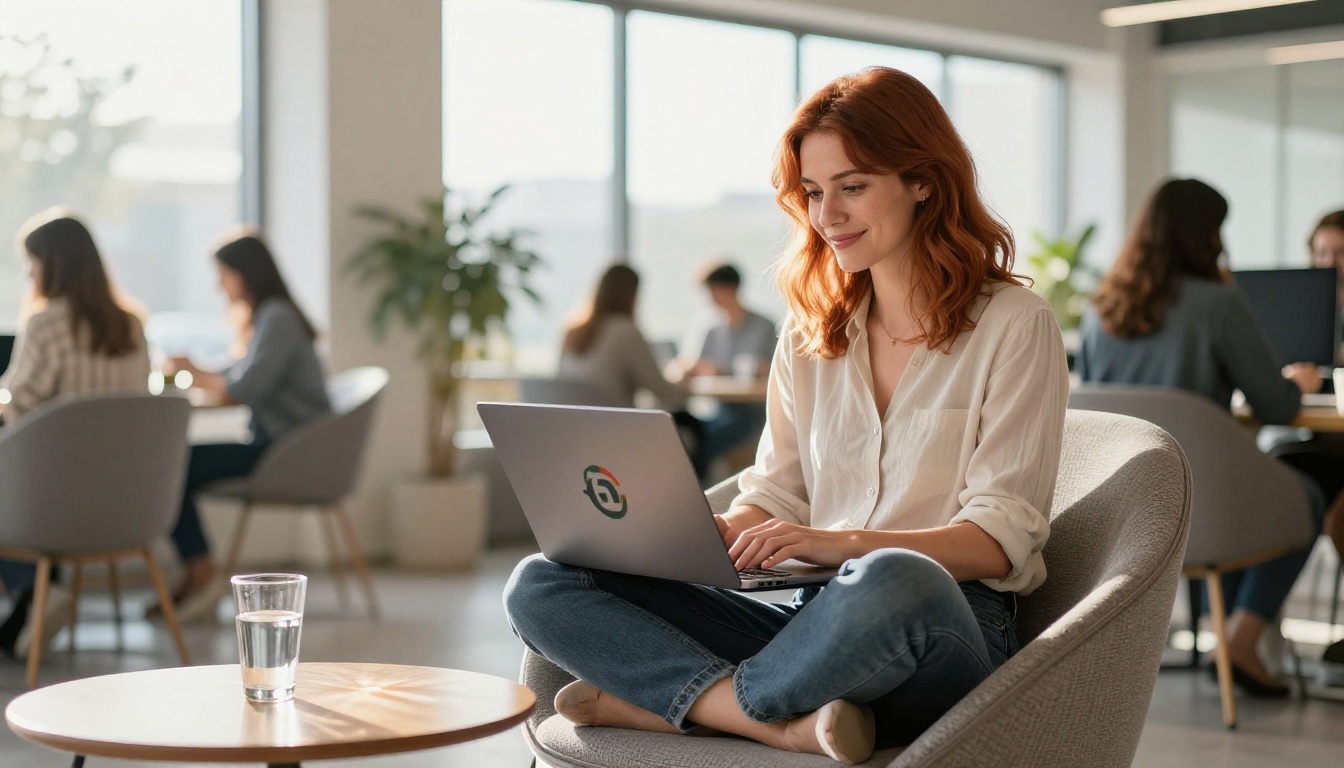 Professional woman using laptop in co-working space, satisfied with AI logo removal results