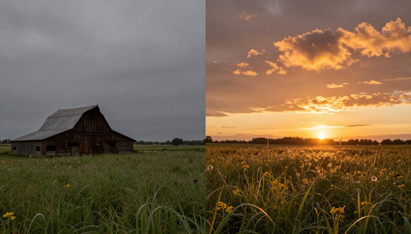 Before and after comparison: grey overcast countryside vs. vivid golden sunset sky