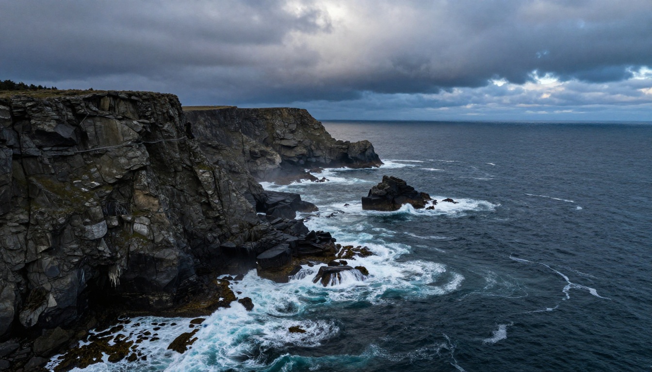 Aerial coastal cliffs with dramatic storm clouds sky replacement