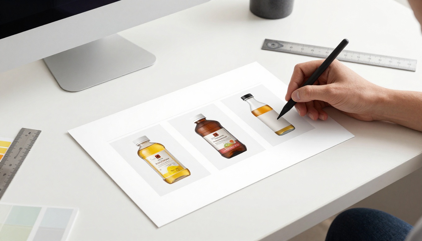 Aerial flat-lay of desk with presentation slides and design tools arranged neatly