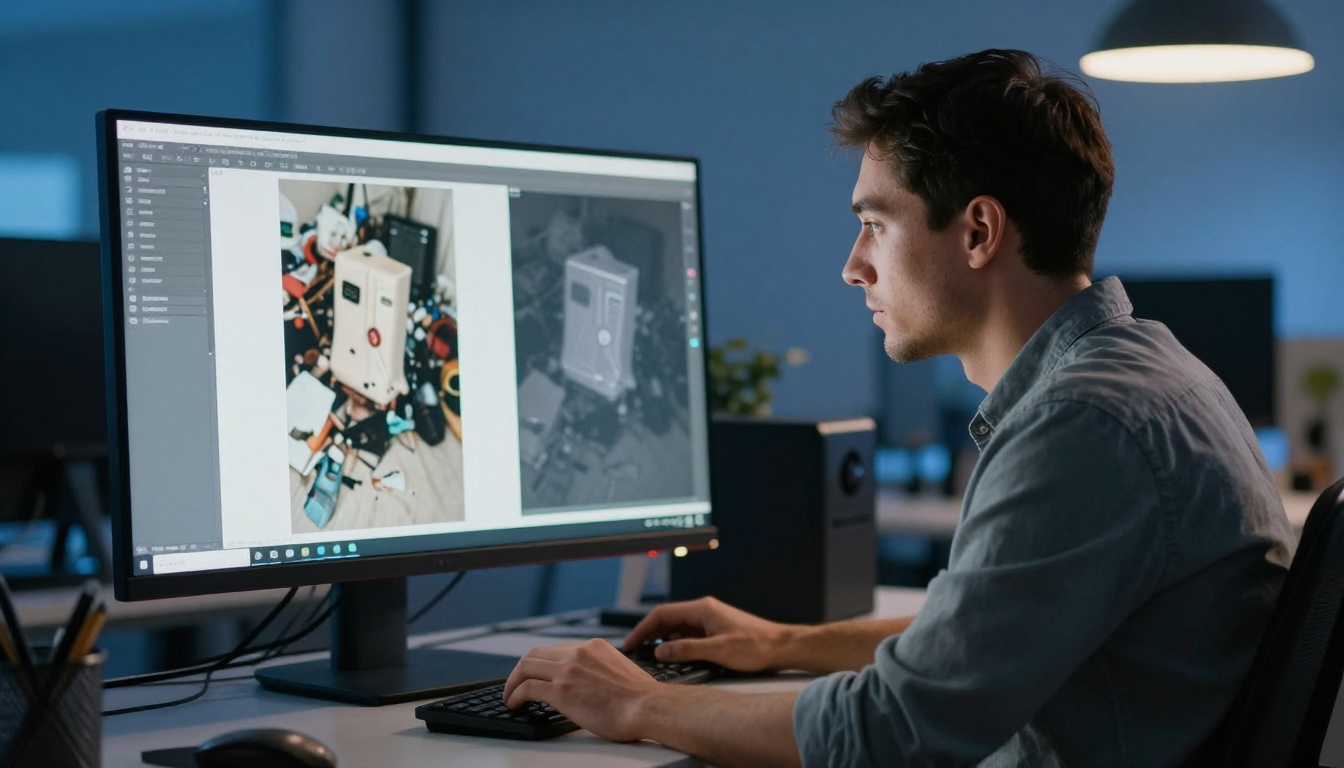 Man comparing before and after background removal results on widescreen monitor
