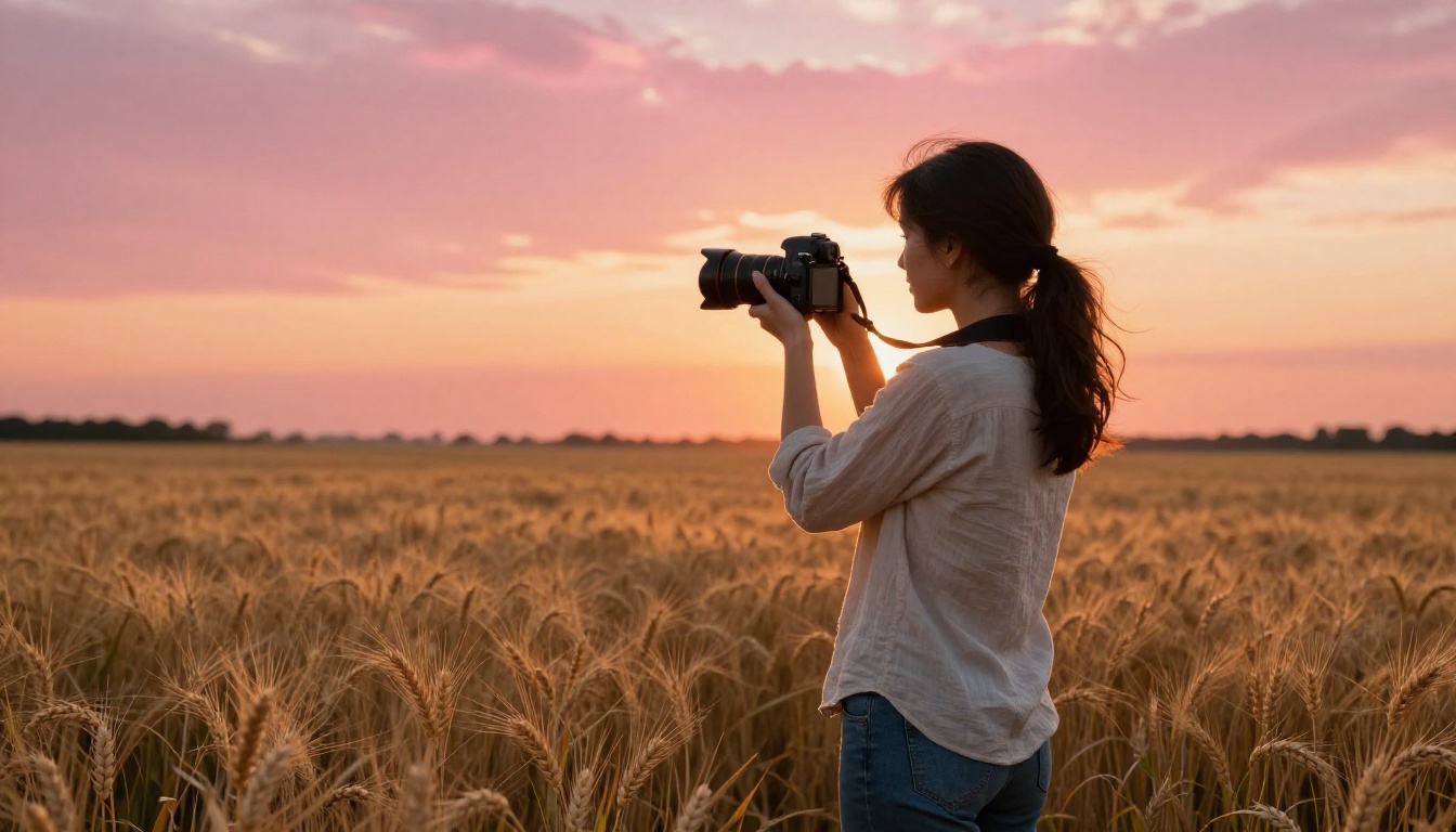 Professional female photographer in golden wheat field at magic hour sunset