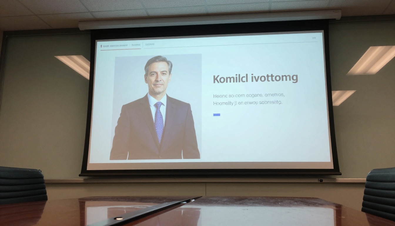 Boardroom presentation screen showing polished slide with isolated executive portrait Boardroom presentation screen showing polished slide with isolated executive portrait
