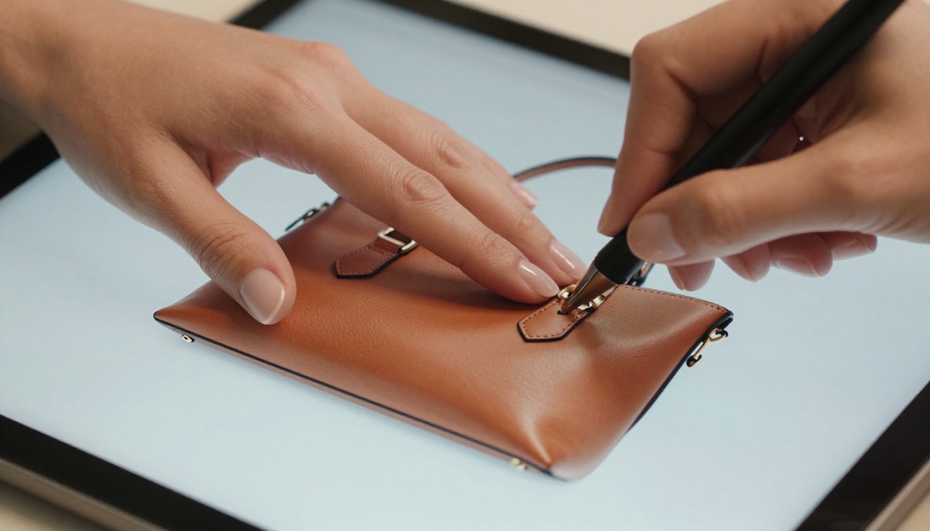 Designer hands placing cutout image onto tablet presentation slide