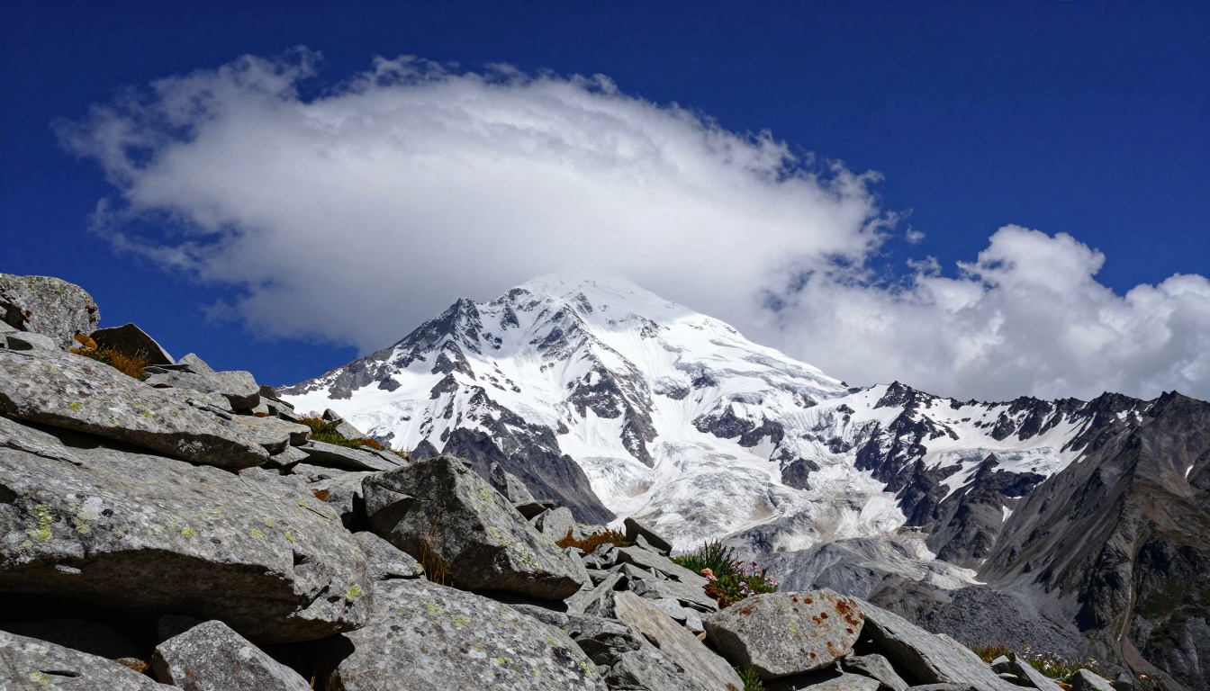 Low-angle mountain peak with dramatic multi-layered replacement sky