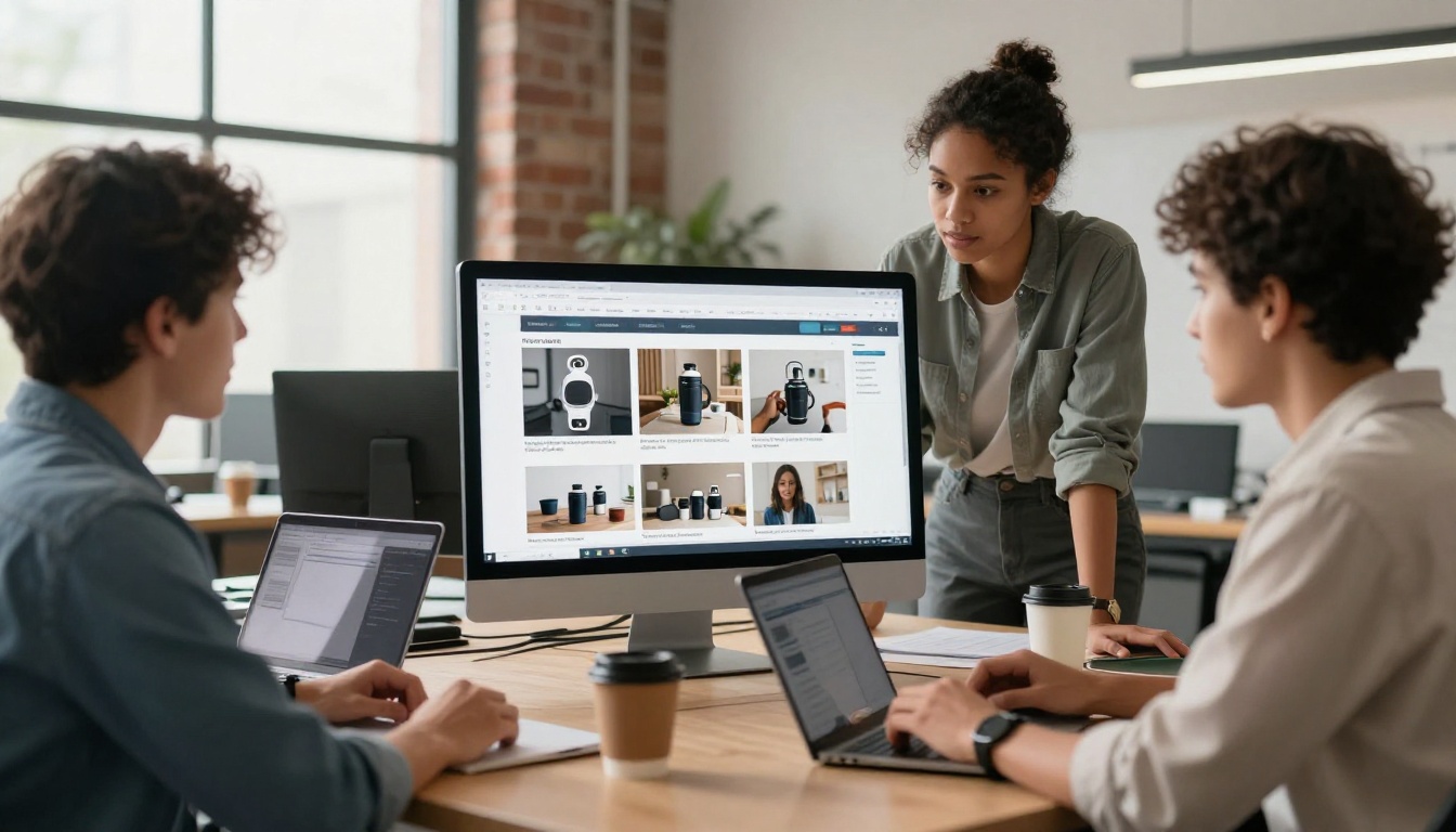 Creative team reviewing polished pitch deck with AI-cutout product images on monitor