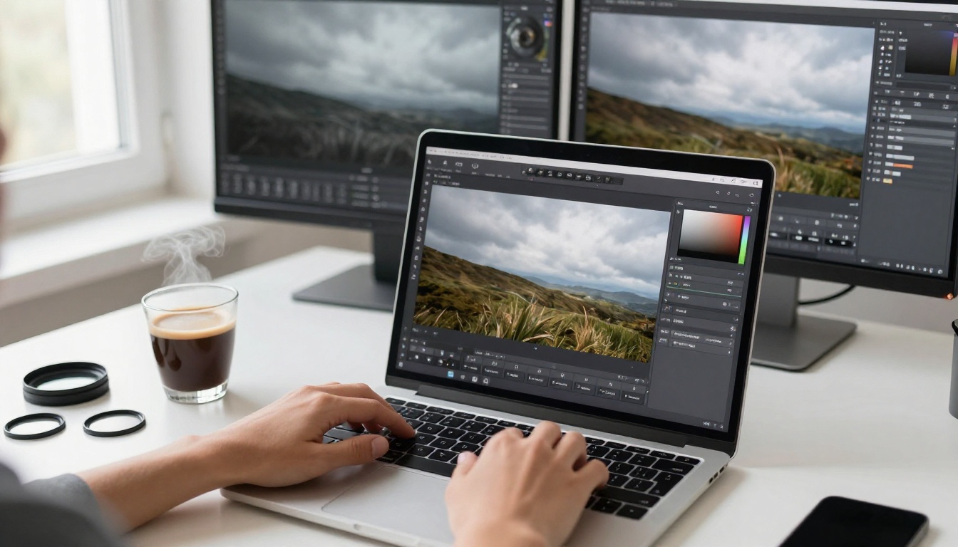 Graphic designer editing sky replacement in photo software with secondary monitor comparison