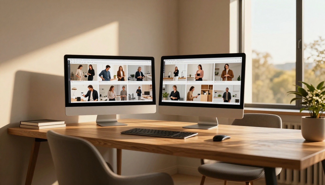 Home office dual-monitor setup showing completed presentation with cutout images on each slide Home office dual-monitor setup showing completed presentation with cutout images on each slide