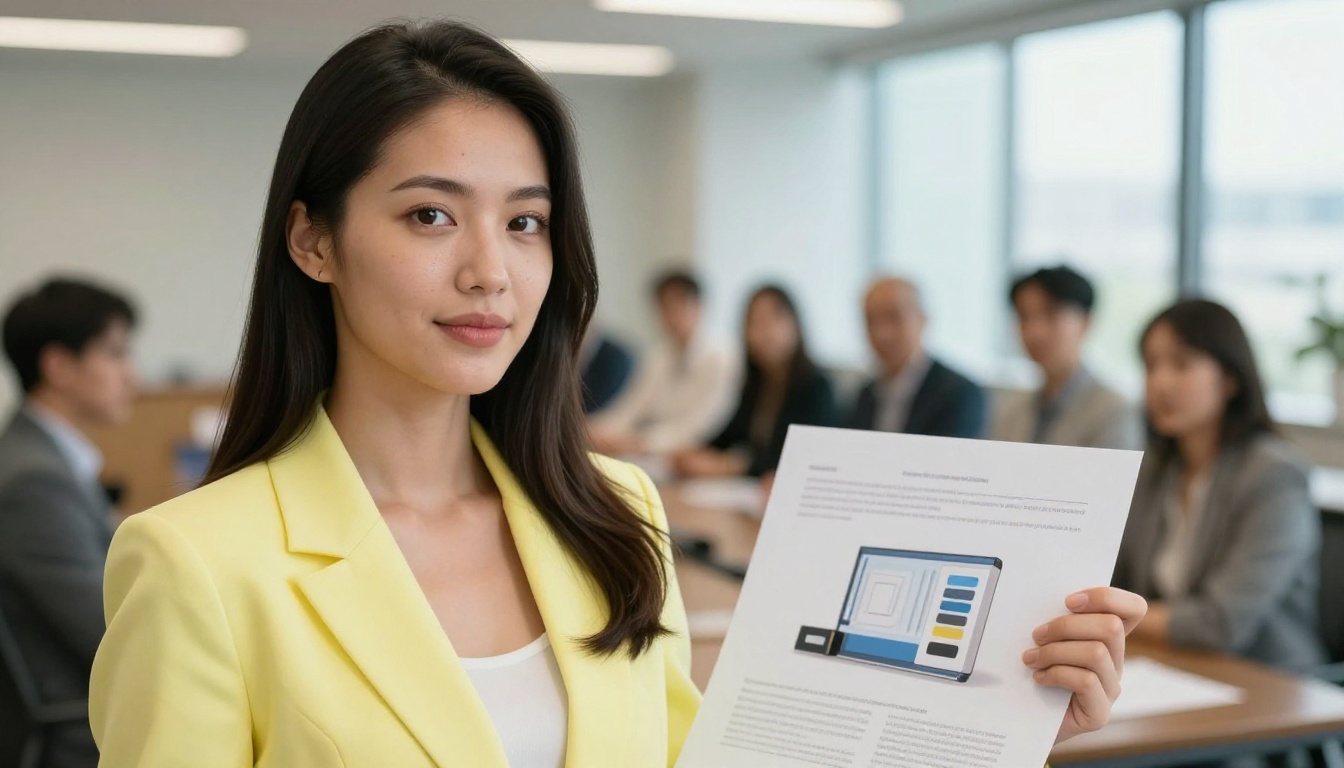 Woman in blazer presenting at business meeting holding a slide with AI-generated cutout Woman in blazer presenting at business meeting holding a slide with AI-generated cutout