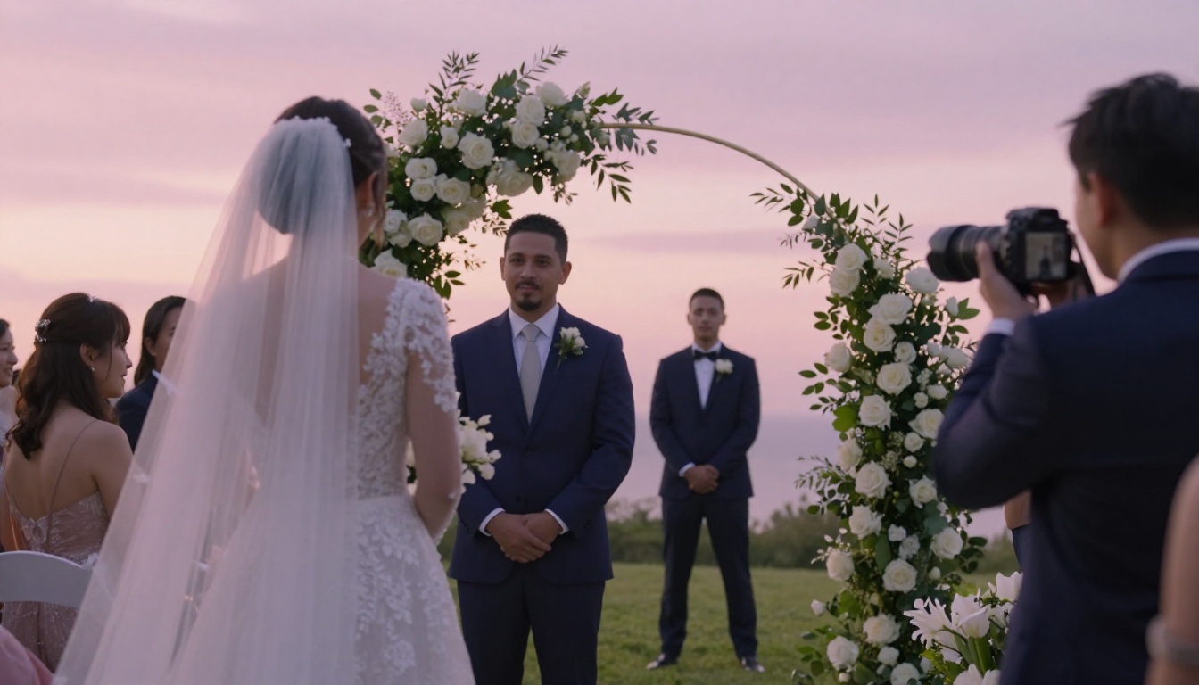 Outdoor wedding ceremony with pastel pink and lavender sunset sky replacement
