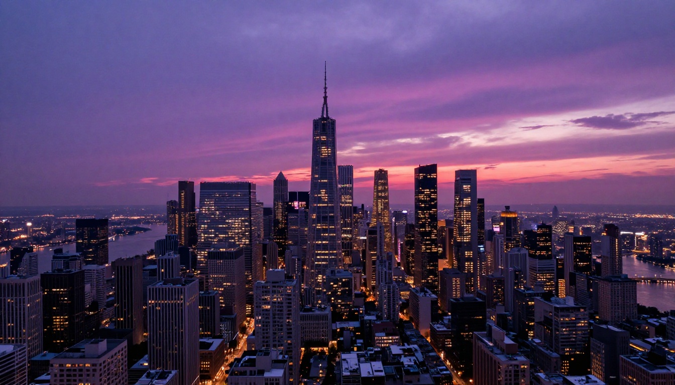 Aerial city skyline at twilight with dramatic violet and magenta replacement sky