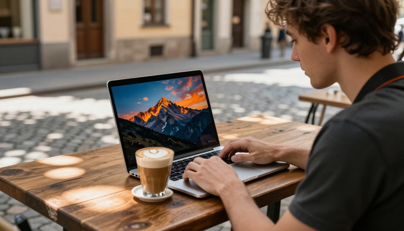 Young travel photographer reviewing sky-replaced mountain photos on laptop at outdoor cafe
