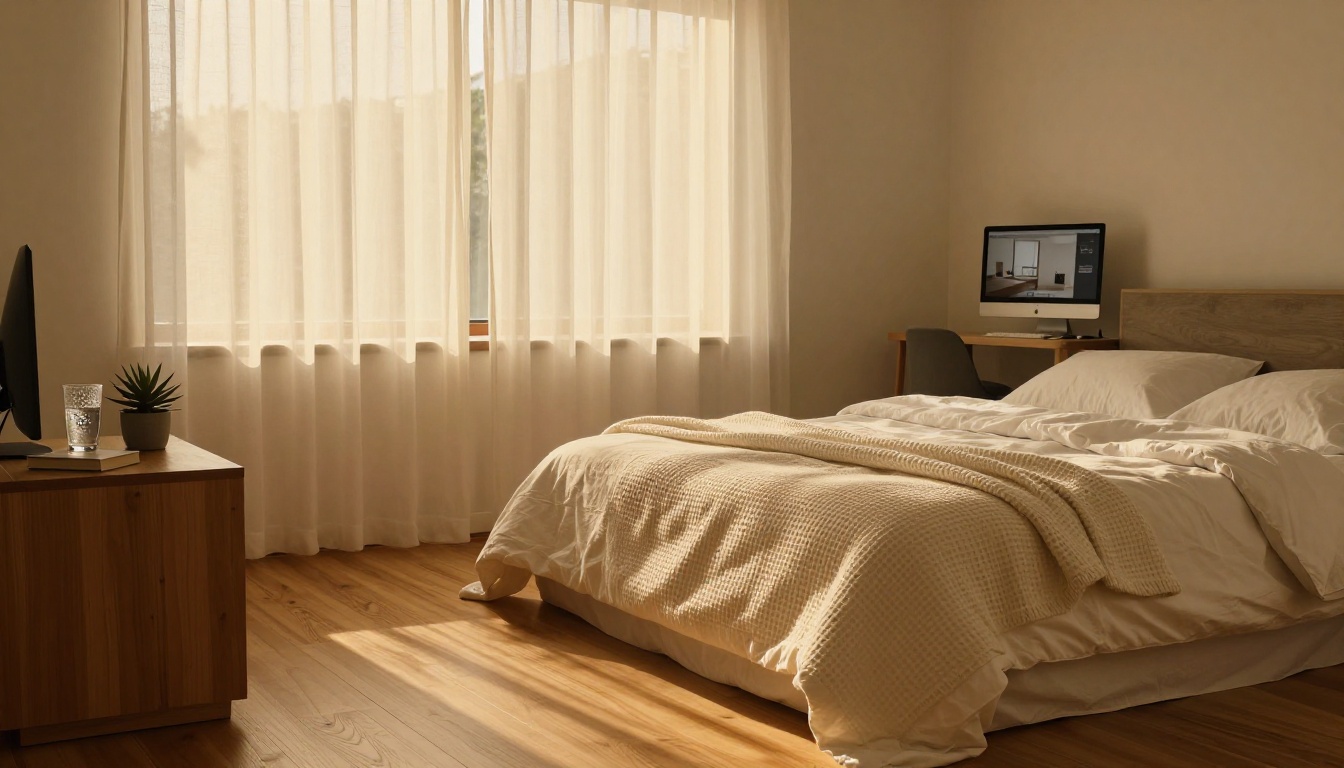 Minimalist bedroom at golden hour generated as an AI room visualization concept