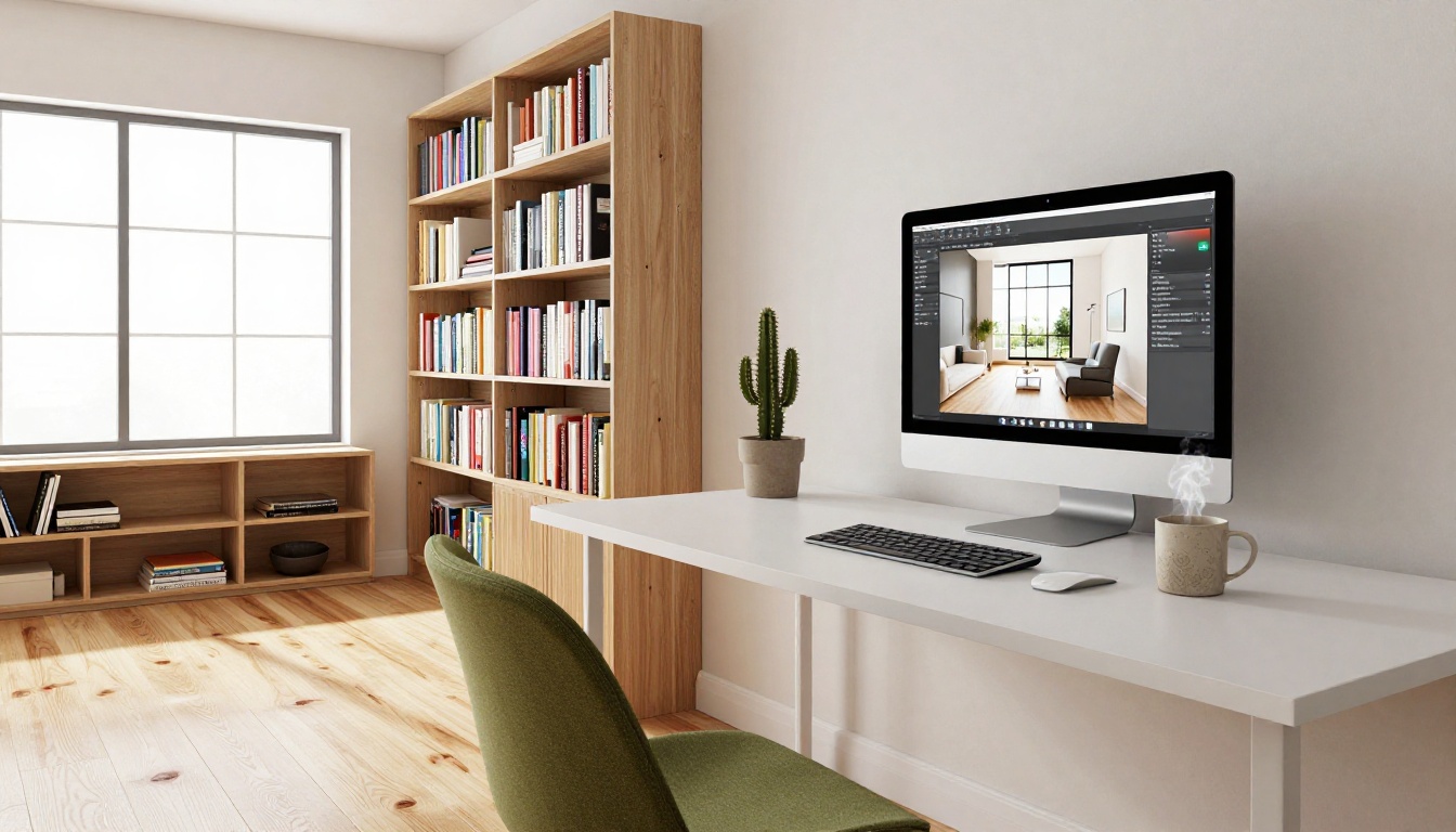 Modern home office with design interface visible on screen, representing the AI room planning workflow