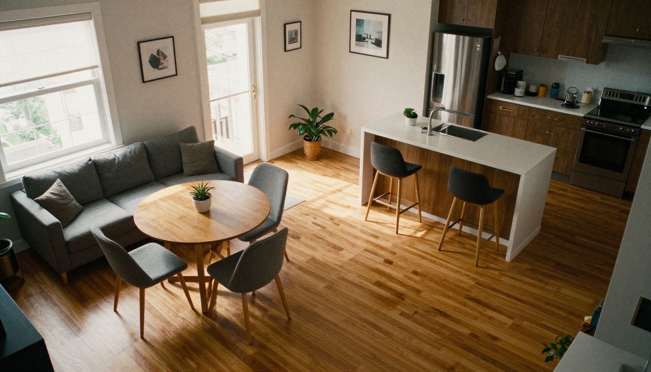 Bird's-eye aerial view of a room layout revealed by AI spatial analysis
