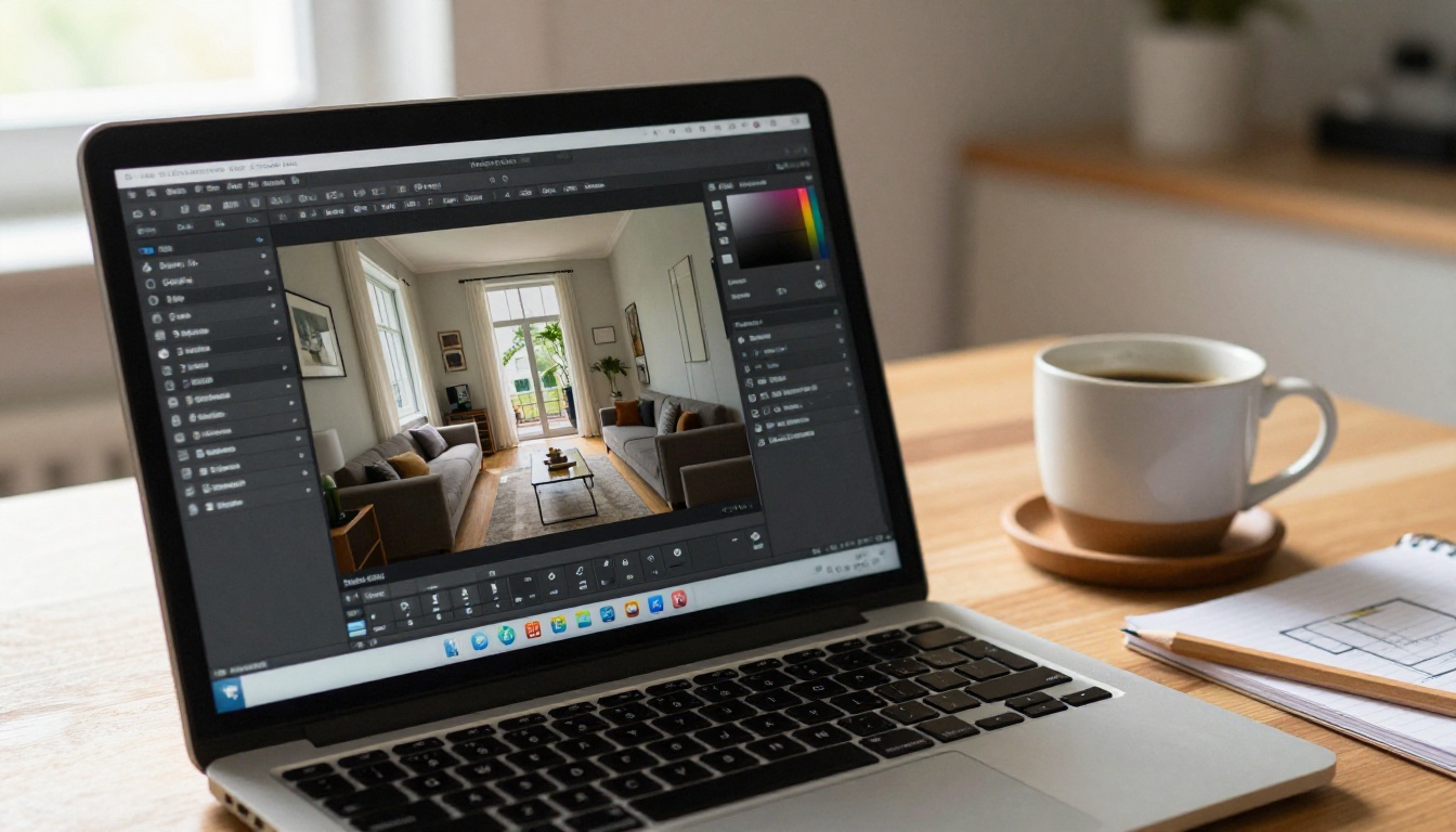 Laptop screen showing a room photograph being processed through an AI design interface
