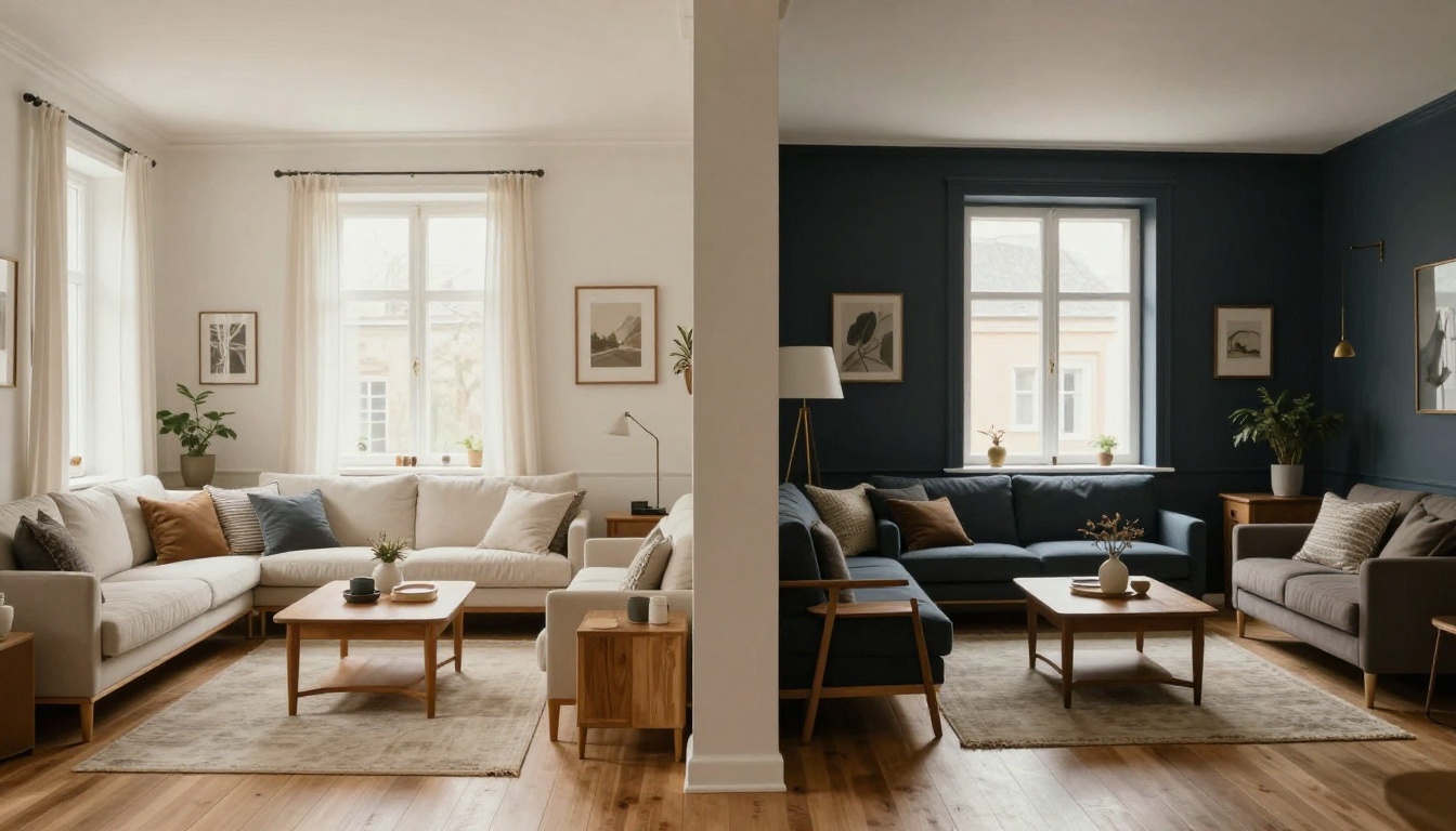Split-view Scandinavian living room showing two design variants of the same space side by side