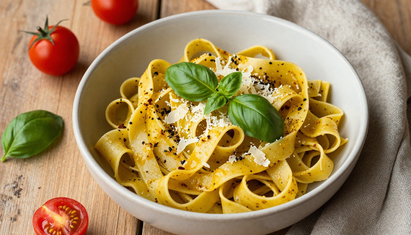Aerial pasta dish with saffron sauce and fresh herbs, RAW 8K food photography