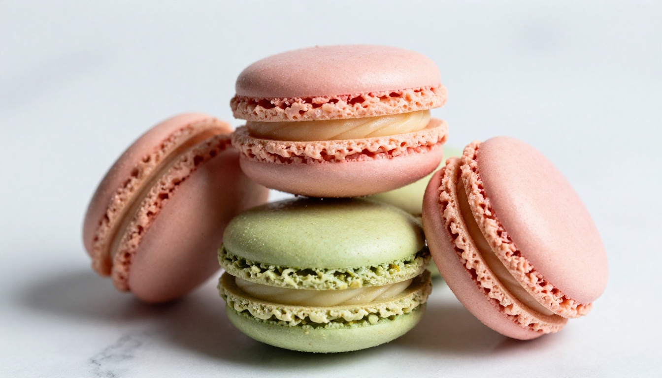 Macro close-up of three French macarons with powdered sugar dust, photorealistic studio photography
