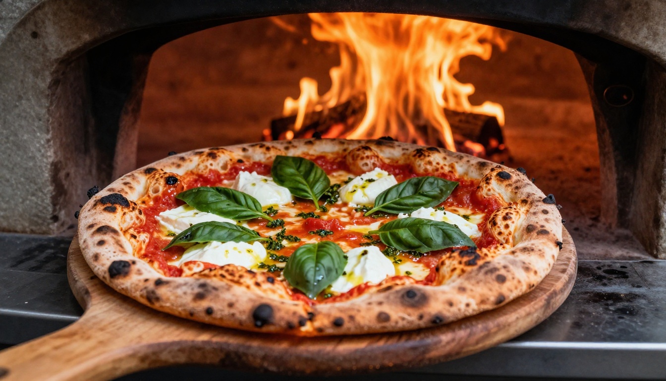 Low angle dramatic pizza emerging from blazing wood-fired stone oven
