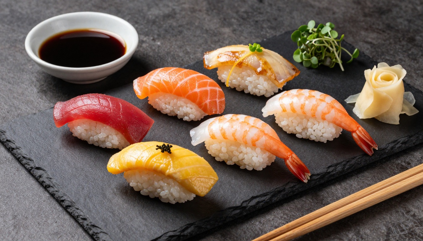 Aerial sushi platter with precisely arranged nigiri on dark slate surface